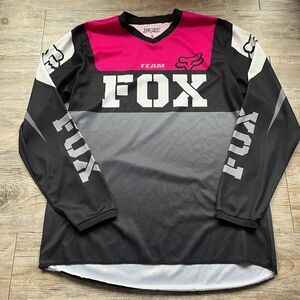 Fox Dirt Bike MX Jersey Women’s Large Pink Black Gray V Neck Mesh Moisture Wick